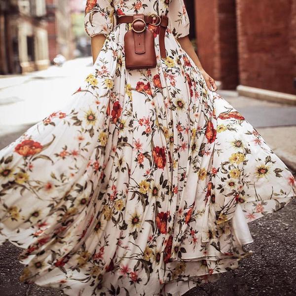 Robe ceinture transfrontalière à imprimés européens et américains, style bohème, col rond, manches trois-quarts, jupe longue._voghion.com