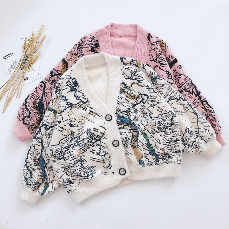 19 Autumn and winter new pattern fresh Sweet earth pattern printing Mink cashmere mink coat Easy Show thin Cardigan