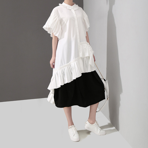 Summer New Pleated Lace Horn Short Sleeve Shirt Pure Color Card 