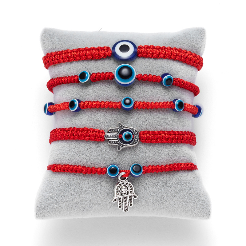 Factory Direct Sale European and American Blue Eye Evil Eye Red String Bracelet Versatile Palm-Sized Two Round Bead Blue Eye Bracelet with Geometric Elements
