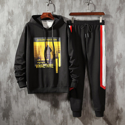 套装男2020秋季新款韩版潮流条纹运动休闲学生连帽卫衣两件套秋装|ms