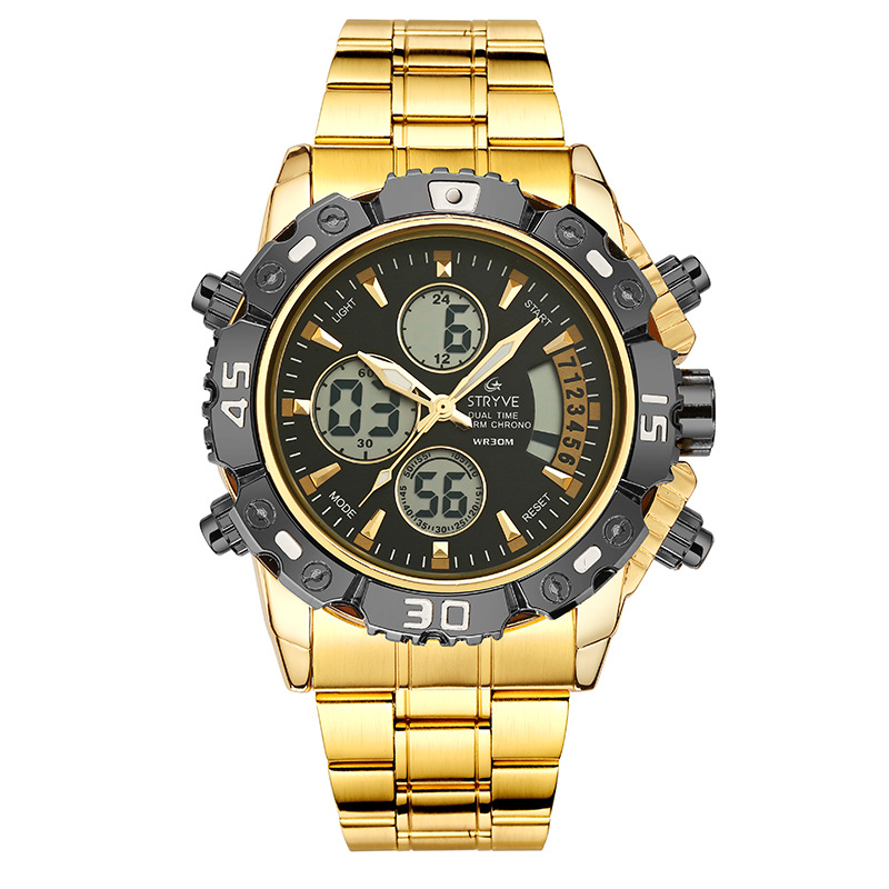 Stryve transfronterizo popular multi-funcional de los hombres de acero inoxidable doble movimiento reloj electrónico impermeable reloj luminoso S8018