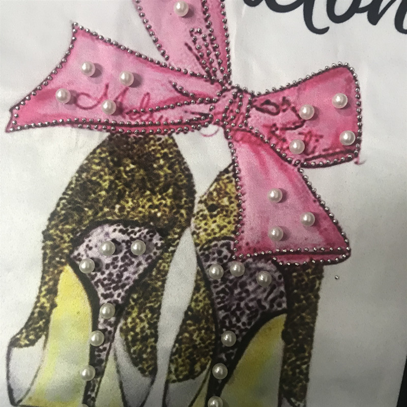 Three-dimensional Hand-stitched Digital Printing Rhinestone Beaded Pink Bow High-heeled Cloth Patch display picture 3