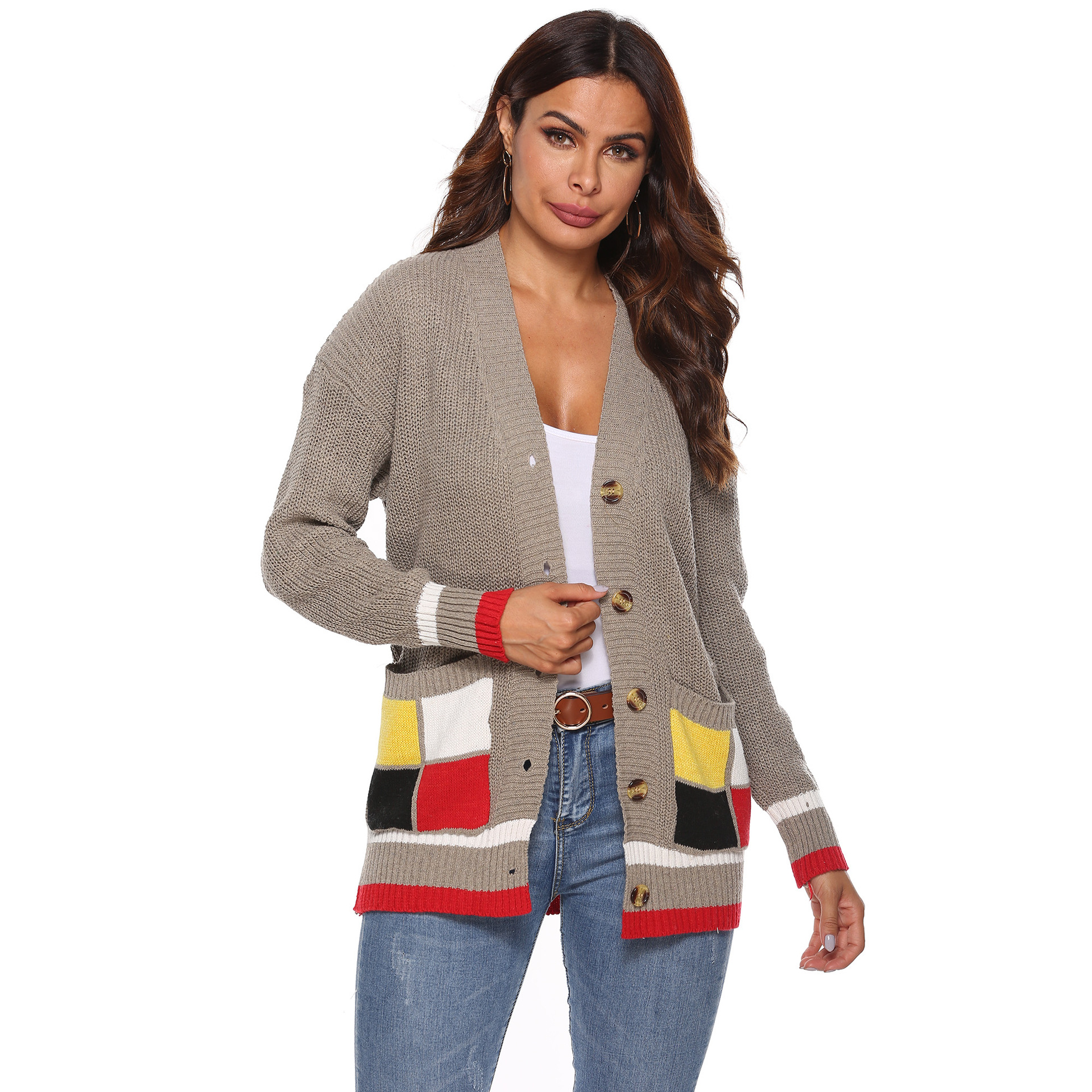 color matching large pockets woven cardigan NSOY46131