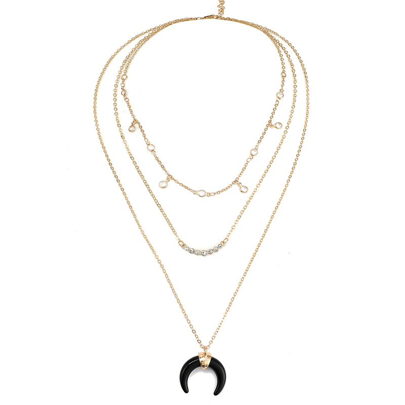 Européen Et Américain Personnalisé Diamant-intégré Croissant Noir Corne Multi-couche Collier Tout-match Lune Pendentif Collier Clavicule Chaîne display picture 10