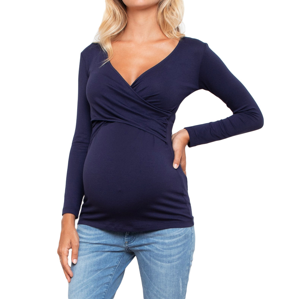 Deep V Neck Long Sleeve Printed/Solid Color Breastfeeding Maternity Wear NSHYF116739