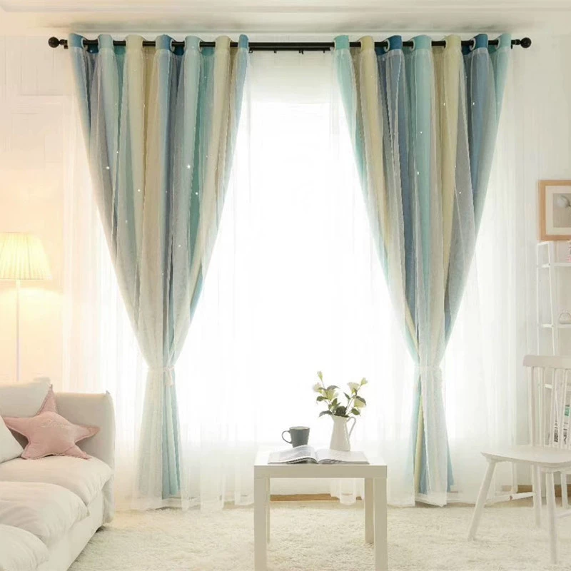 Gradient hollow star blackout curtain fabric bay window