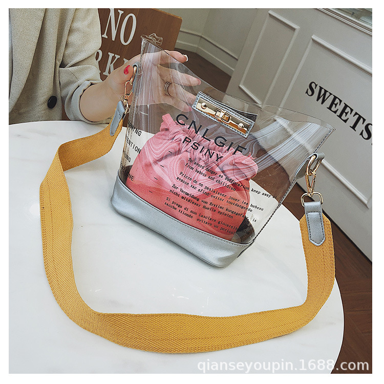 Baobaonv 2019 new pattern transparent canvas Lock catch Picture-in-Bag One shoulder Messenger Broadband Bucket bag Custom manufacturer