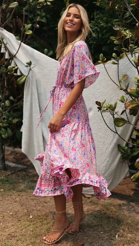 Pink Blomstret Lang Kjole 2
