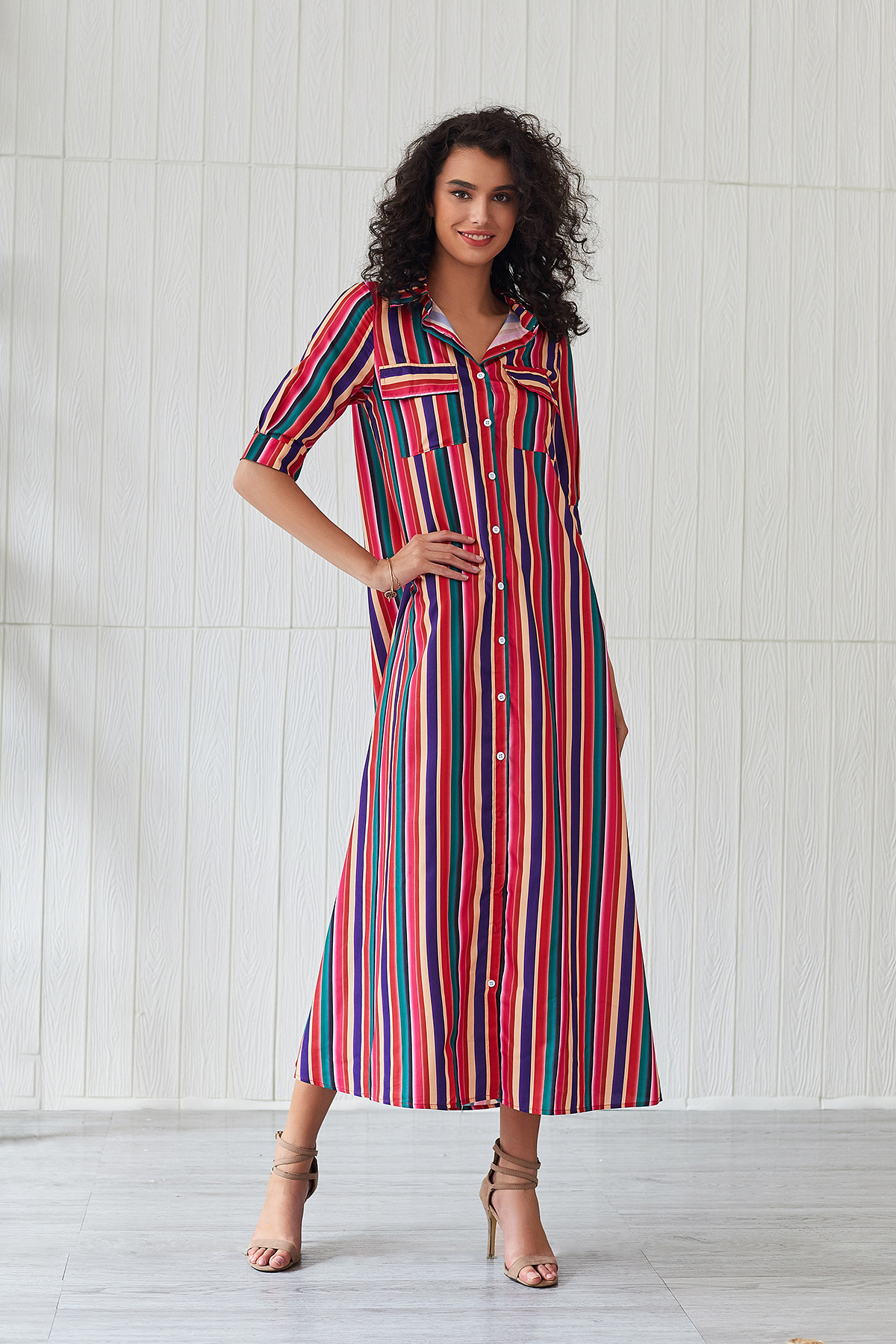 Half Sleeve Rainbow Striped Bohemian Long Dress NSSE39934