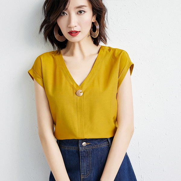 Summer Fashion Metal Button V-collar Short Sleeve Chiffon Shirt  