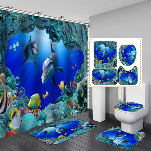 Direct Supply Cross-Border Digital Printing Waterproof Mold-Resistant Personalized Shark Pattern Series Shower Curtain Manufacturer Direct Supply Shower Curtain Wholesale