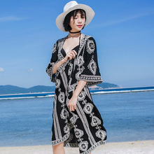 欧美外贸蕾丝开衫长款防晒衣女刺绣镂空钩花五分袖海边沙滩罩衣