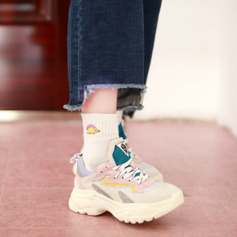 fuzzy socks for women Cute Women Embroidery Dinosaur Cotton Socks white Lovely Cartoon Animal Vintage Short Socks Novelty Crazy Funny Cozy Sock Funky long socks for women