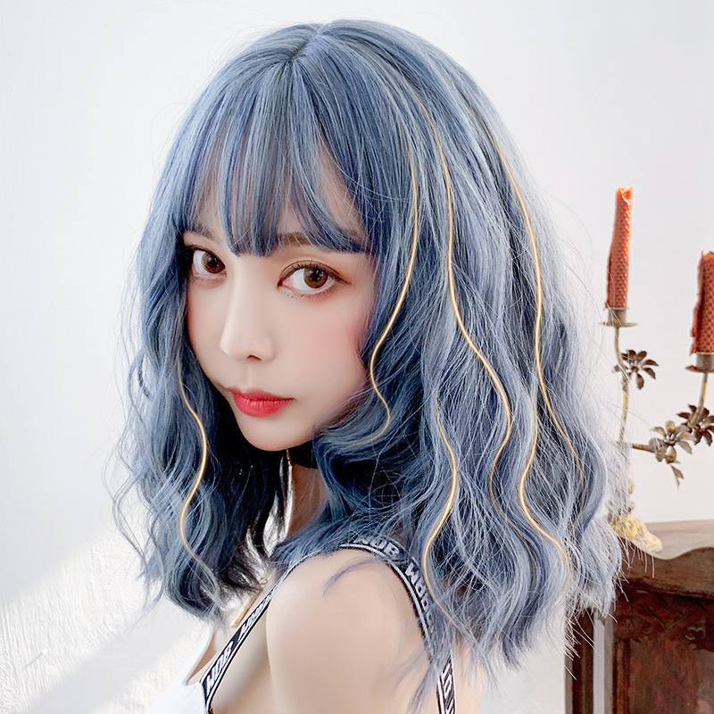 Wavy Hair Wigs Wig female short hair natural full head lifelike bubble face head blue long curly hair