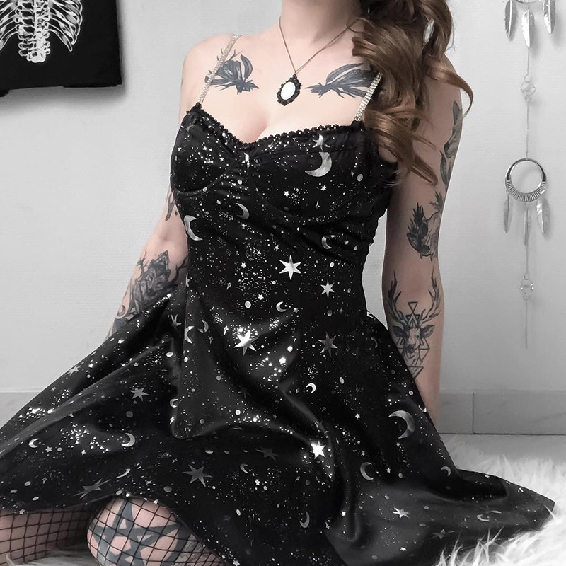 Diablo Style Moon & Stars Printed Suspender Dress NSGYB98467