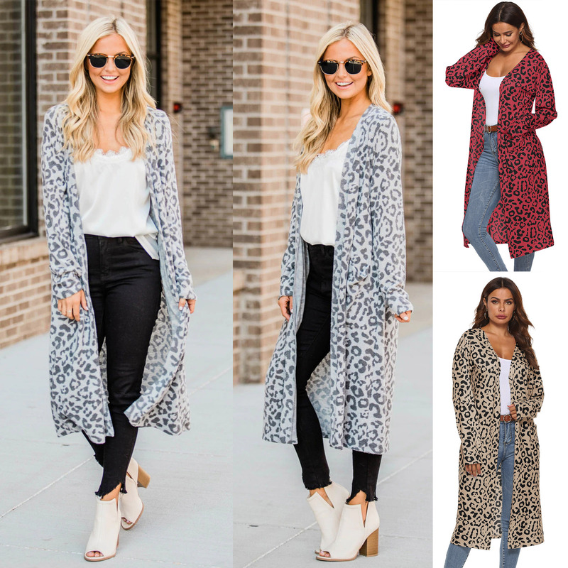 Cross-border Women's Clothing Amazon Autumn and Winter New Leopard Print Cardigan Pocket Casual All-match Long Woven Jacket 190870