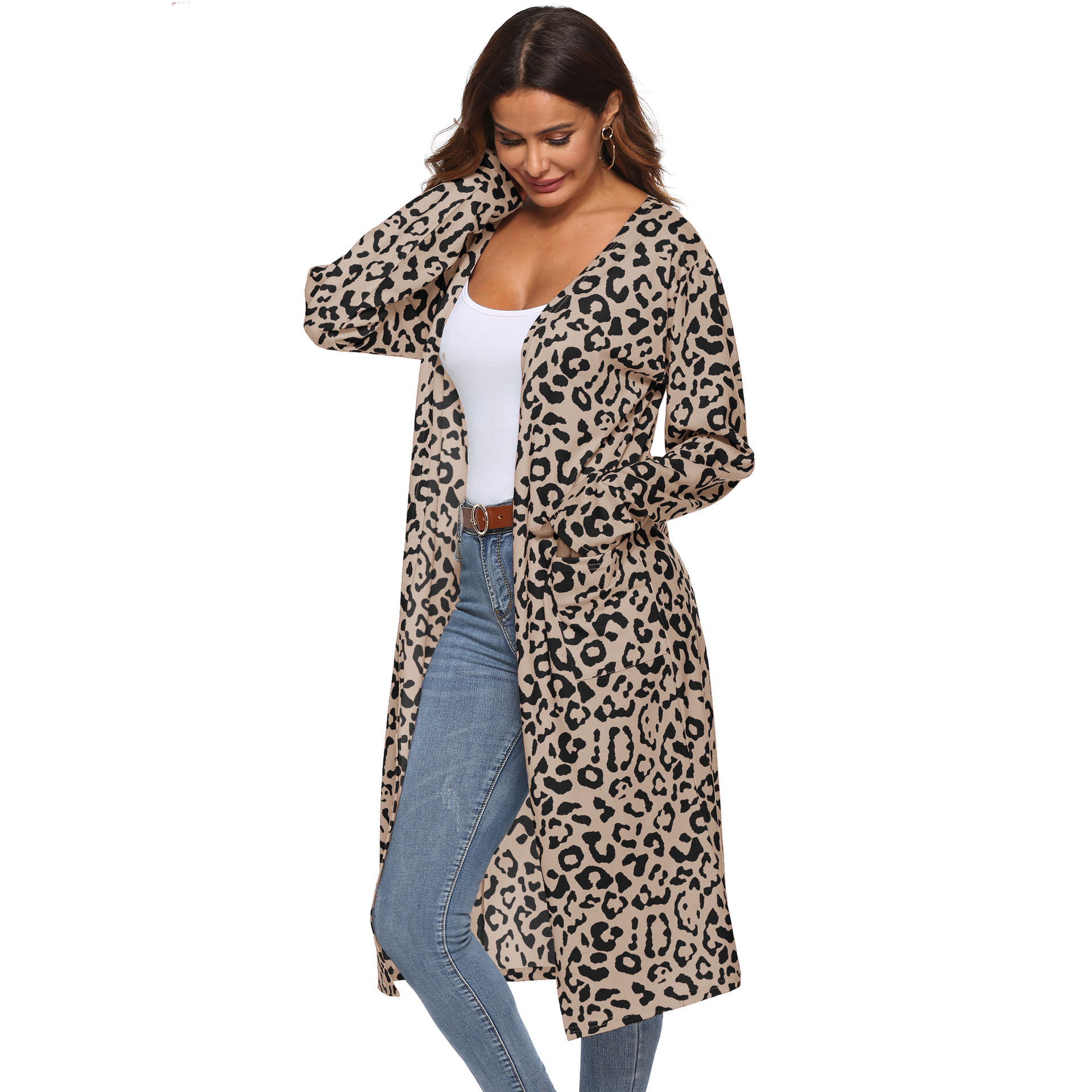 leopard print pocket long woven cardigan  NSOY26988