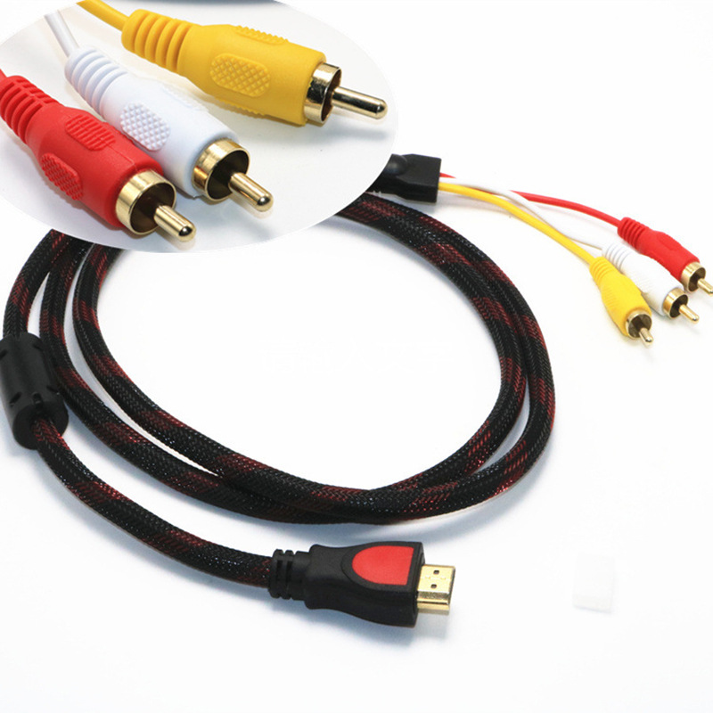高清HDMI转3RCA莲花头尼龙编织一分三AV视频线1.5m电视音响转接线