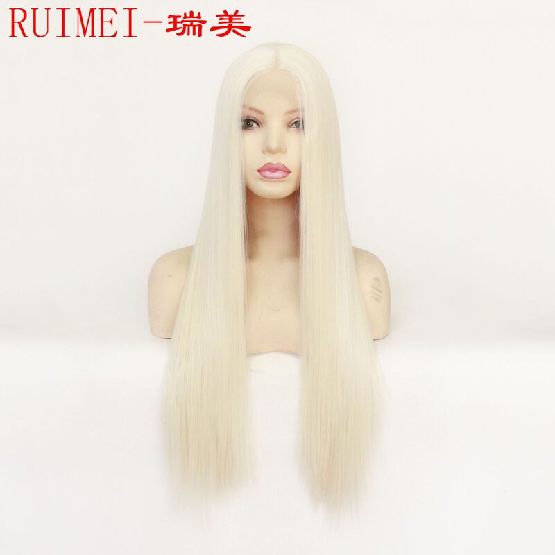 Beige Long Straight Chemical Fiber Semi-Hand Woven Front Lace Wig cosplay Export Front Lace Wig
