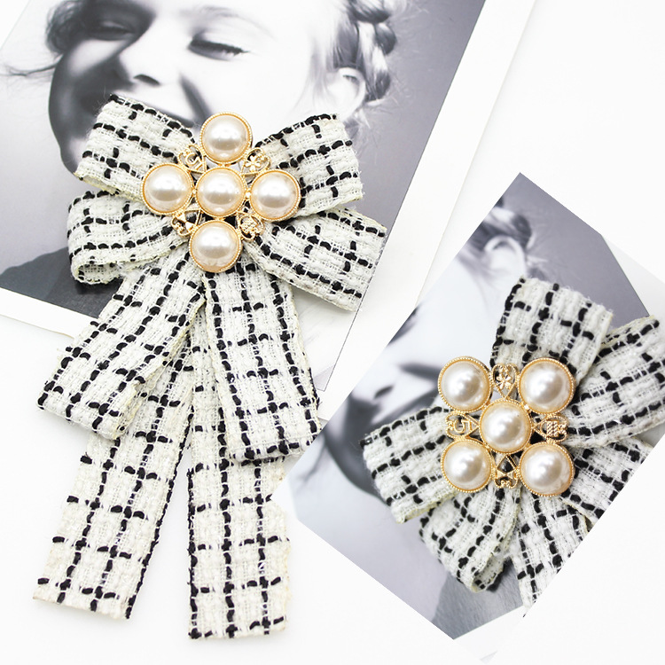格子珍珠花镶钻女士蝴蝶领结领花服饰配件时尚胸针欧美学院风批发