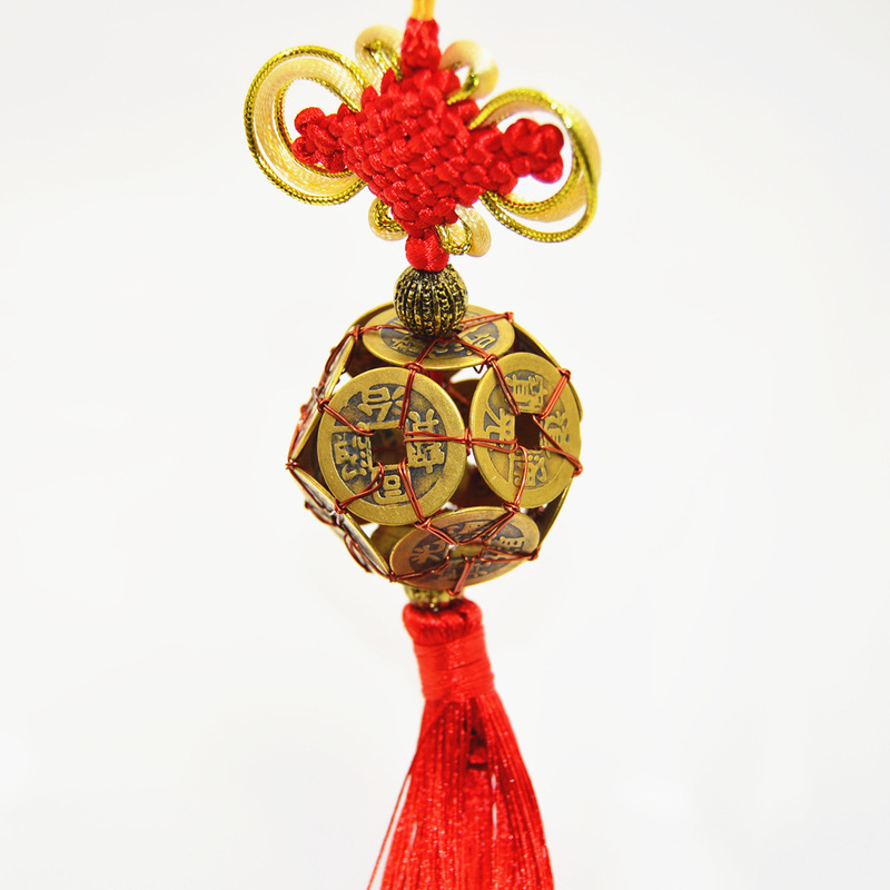 Wholesale DIY Pure Copper Ten Emperors Coins, Lucky Copper Coin Ball, Chinese Knot Car Pendant Gift, Feng Shui Ornament, Copper Art