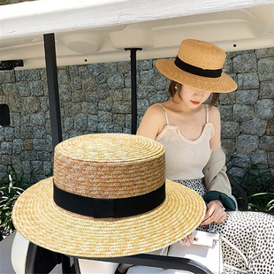 Women's Summer Japanese Natural Fine Wheat Straw Flat-Top Hat Handmade Woven Flat-Top Jazz Hat Ribbon Small Fedora Trendy