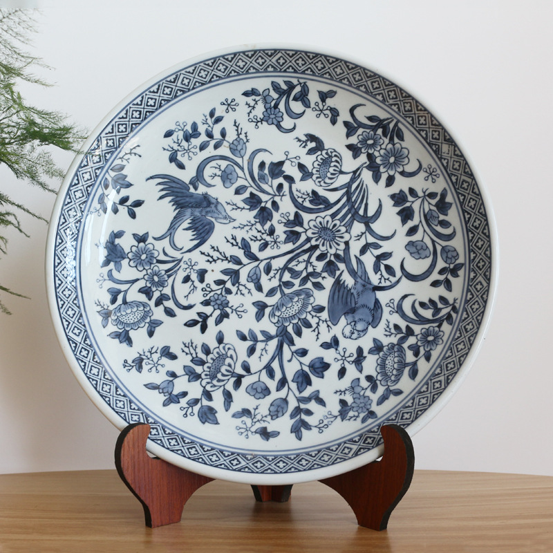 青花瓷盘玄关中式装饰盘玄关摆件手绘陶瓷盘装饰品新中式禅意