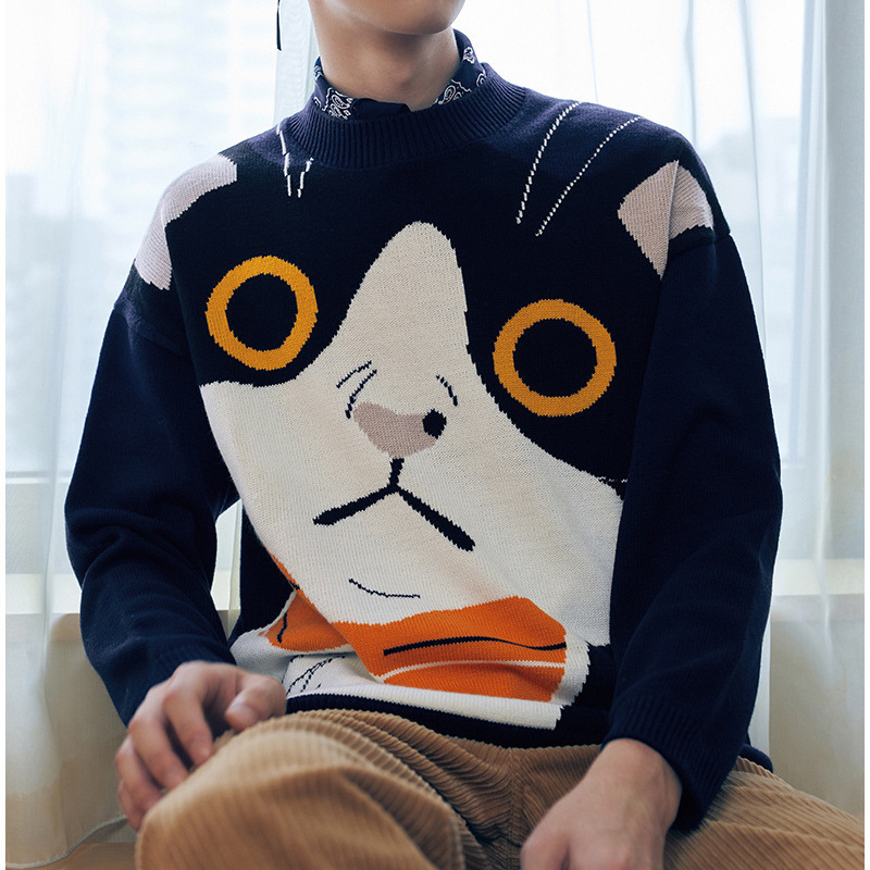 Men's Wool Sweater With Cat Pattern Round Neck Couple Knit Top_voghion.com