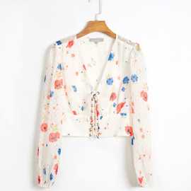 2023外贸跨境批发欧美女装批发水彩花长袖衬衫 0603