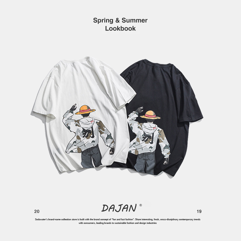 2019夏季新款男裝ins風港風大碼印花純棉短袖T恤男女情侶款海賊王