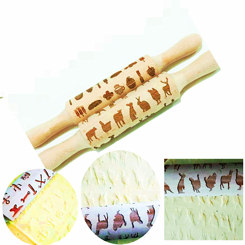 Madera Rolling pin haya grabado láser impresión Rolling pin relieve Rolling pin cuero Navidad fondant galleta presionando palo