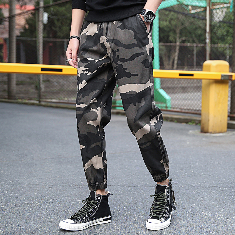 夏季裤子男士休闲裤宽松迷彩男式潮流九分裤束脚哈伦裤运动工装裤|ru
