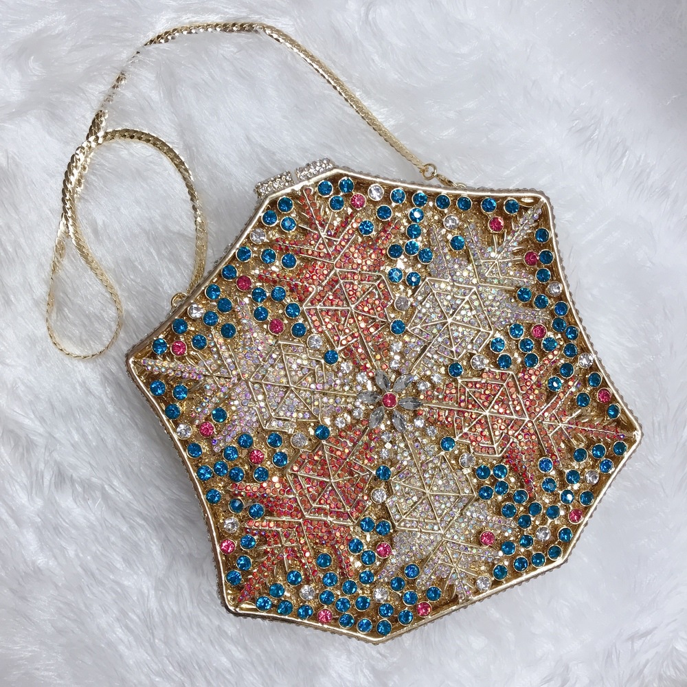Túi clutch nữ đính pha lê kim cương bông tuyết, thiết kế hợp kim rỗng, làm bằng tay — Màu tím, Màu xanh lam, Ảnh tùy chỉnh được Cá nhân hóa, Màu đỏ hoa hồng chi tiết 23