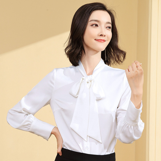 Bow tie chiffon long sleeve Korean version ribbon white shirt woman
