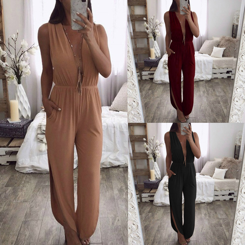 Spot Amazon eBay hot European and American women's sleeveless pure color leaf boot jumpsuit om8980