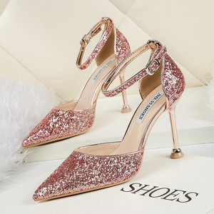 pointed sexy sequined shoes one word band thin nightclub sandals