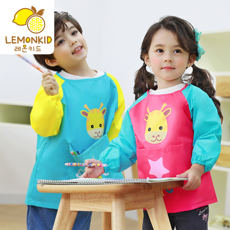 lemonkid春夏新款儿童罩衣宝宝防水环保画画衣反穿衣饭兜定制批发