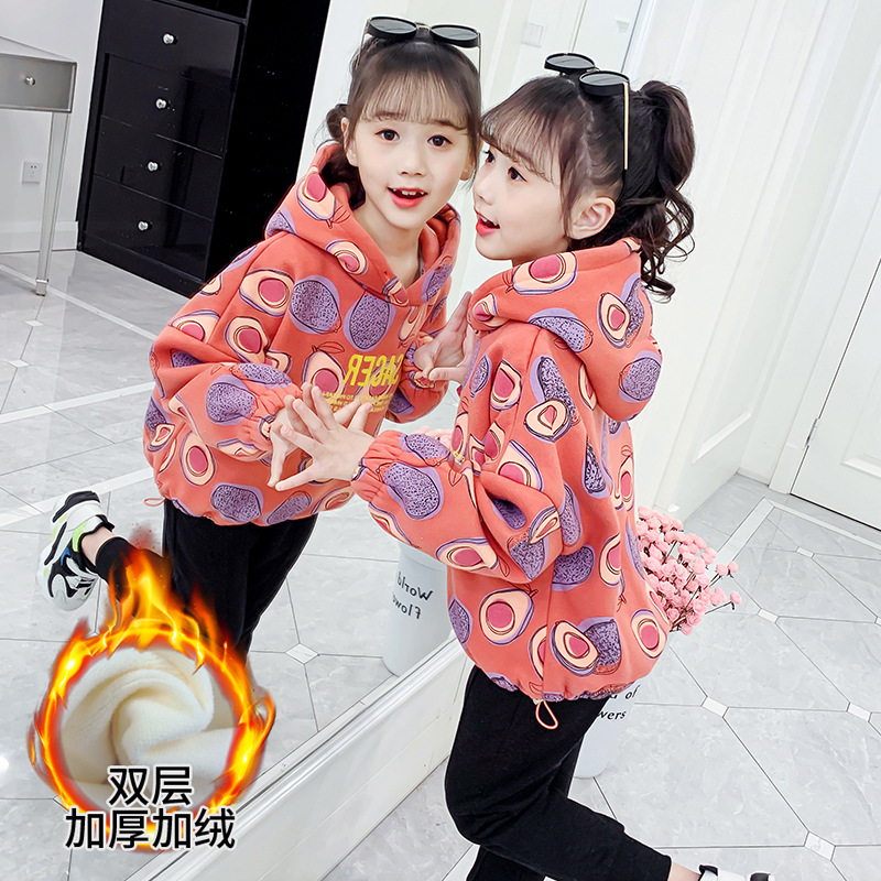 女童加絨衛衣2024新款冬裝洋氣小童中大童加厚連帽套頭衫外套上衣