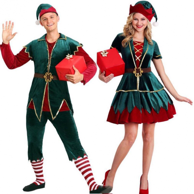 2019年新款圣诞服套装 亚马逊热销绿色圣诞服 男女情侣圣诞节服装
