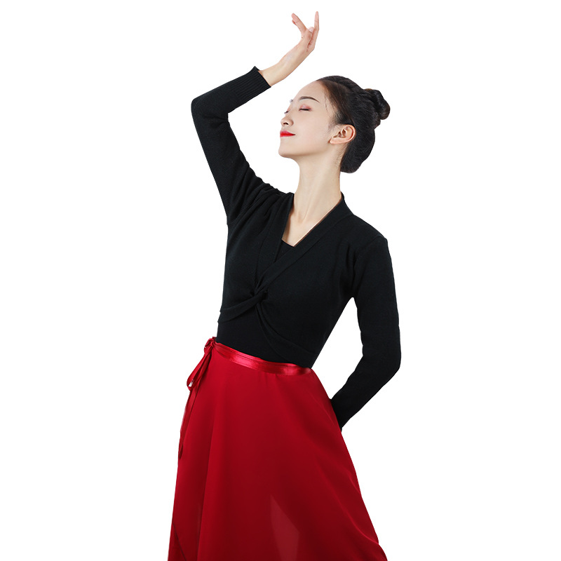 Examen de arte para adultos suéter de baile de otoño e invierno de manga larga para mujer ropa de práctica Ropa de baile corporal flor retorcida abrigo de Chal cálido de manga larga