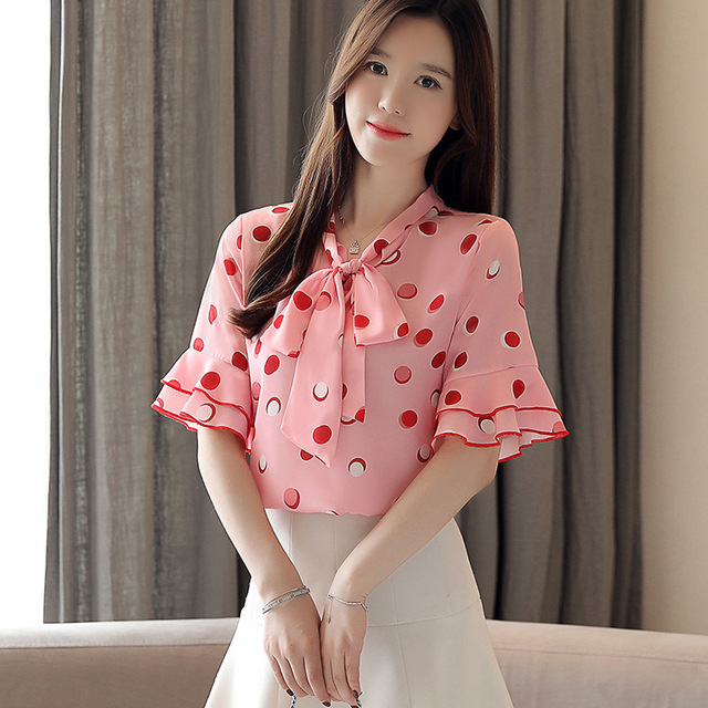 Summer dress new style Xianqi Bell Sleeve Chiffon Tie Shirt dot top Korean version women’s wear a hair substitute