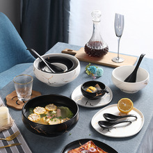 北歐色釉啞光黑白大理石紋金陶瓷餐具套裝創意飯碗湯面碗帶勺批發