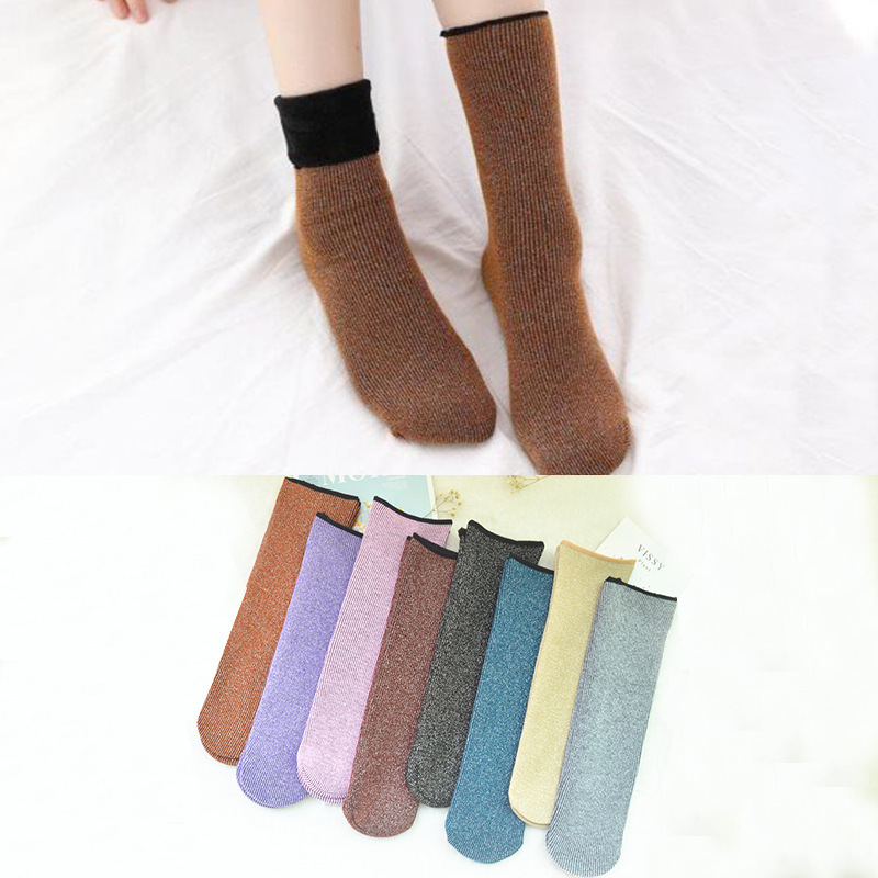 2025 New Autumn and Winter Thickeneded and Warm Women's Snow Socks, Colorful Cotton Fleece-Lined Mid-Calf Socks, Gold and Silver Wire Low Price Processing