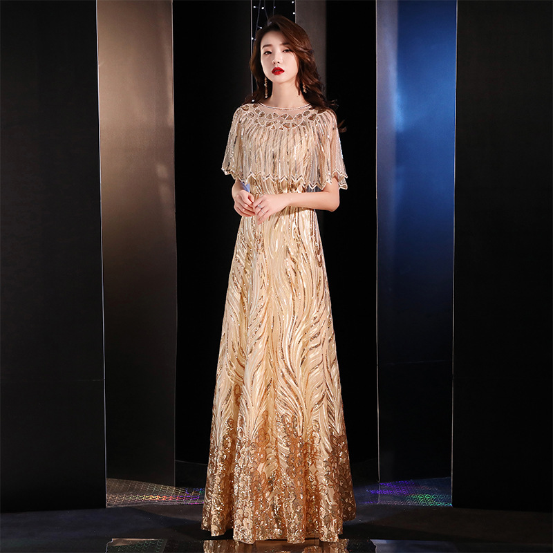 Gold Evening Dress for Women, High-End New Style, Dignified Sequin Long Dress, Slimming, Annual Meeting Host Party Dress Gold Evening Dress for Women, High-End New Style, Dignified Sequin Long Dress, Slimming, Annual Meeting Host Party Dress