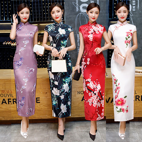 Chinese Dresses Qipao short sleeve long double layer silk new cheongsam retro slim daily improved cheongsam dress