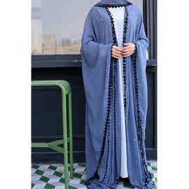 欧美muslim潮流蕾丝拼接钉珠宽松系带长袖开衫长袍女1653