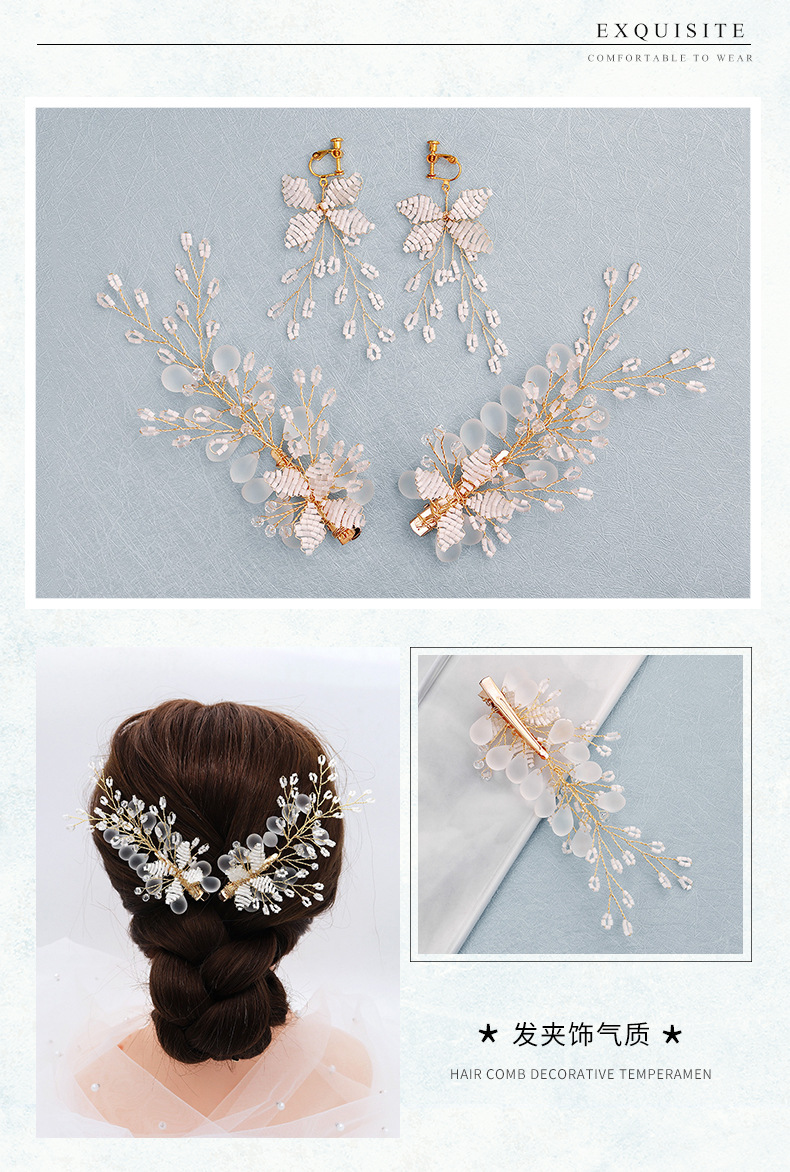 Clip De Dentelle De Perle À La Main Coréenne Belle Pince À Cheveux Boucle D&#39;oreille Ensemble Cristal Givré Coiffure De Mariée Mariage display picture 4