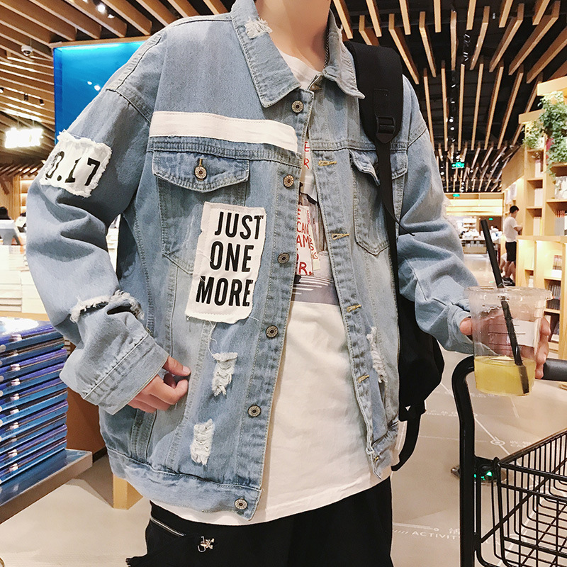 Autumn Hong Kong style bf worn-out Jean jacket for men students loose Korean fashion handsome jacket for couples