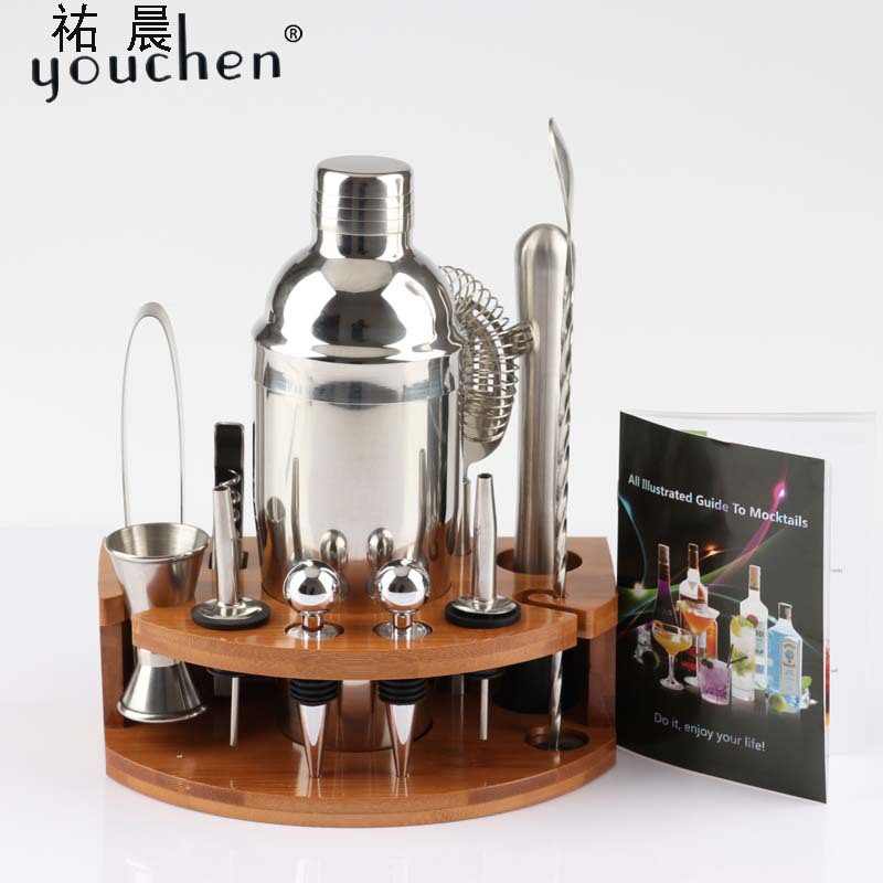 跨境新品 调酒器12件套鸡尾酒家庭调酒工具套装 搭配半圆竹制底座|ru